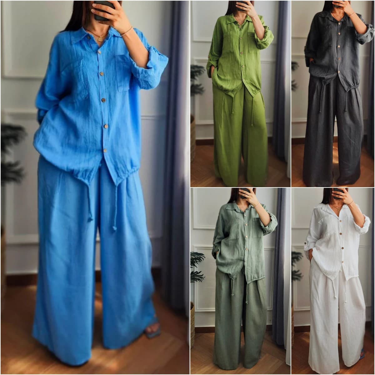 Women's Clothing Casual Loose Cotton And Linen Solid Color Shirt Button Wide Leg Pants 2 Piece Set