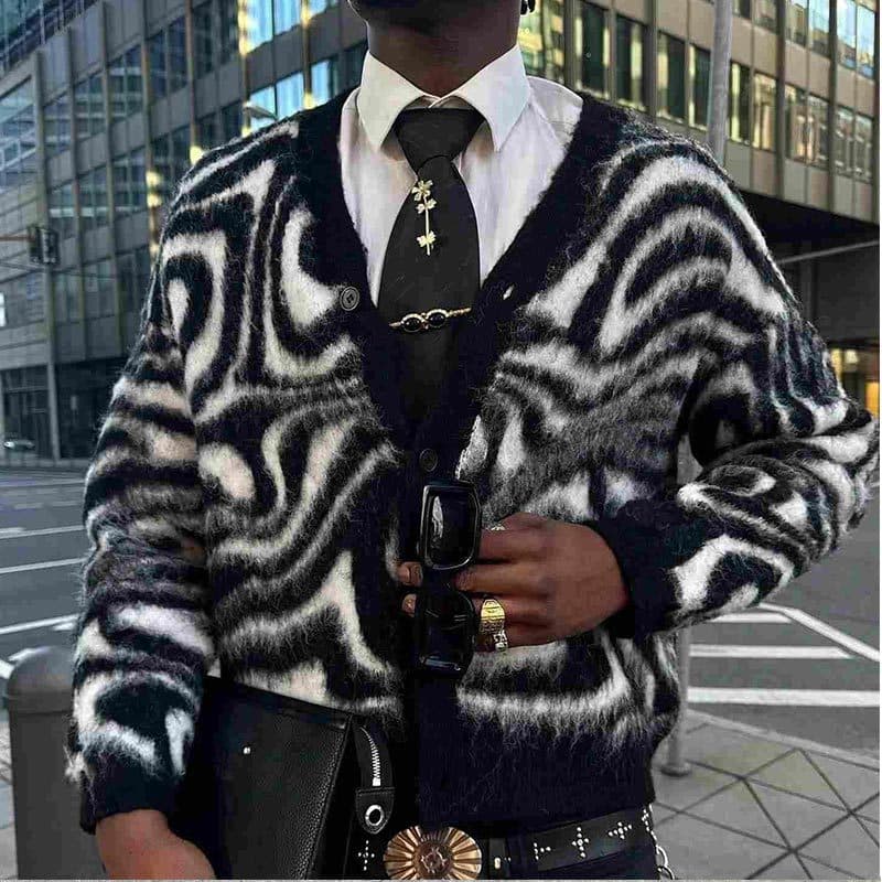 Striped V-Neck Knit Cardigan For Men | Lightweight Long-Sleeve Open Front Sweater | Loose Fit Casual Pullover (S-XL)