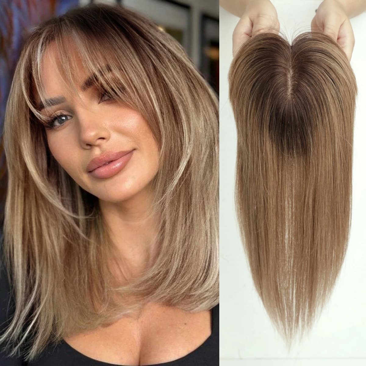 Brown Ombre Human Hair Topper with Bangs Silk Base 3Clip Pieces for Women Hair Extension