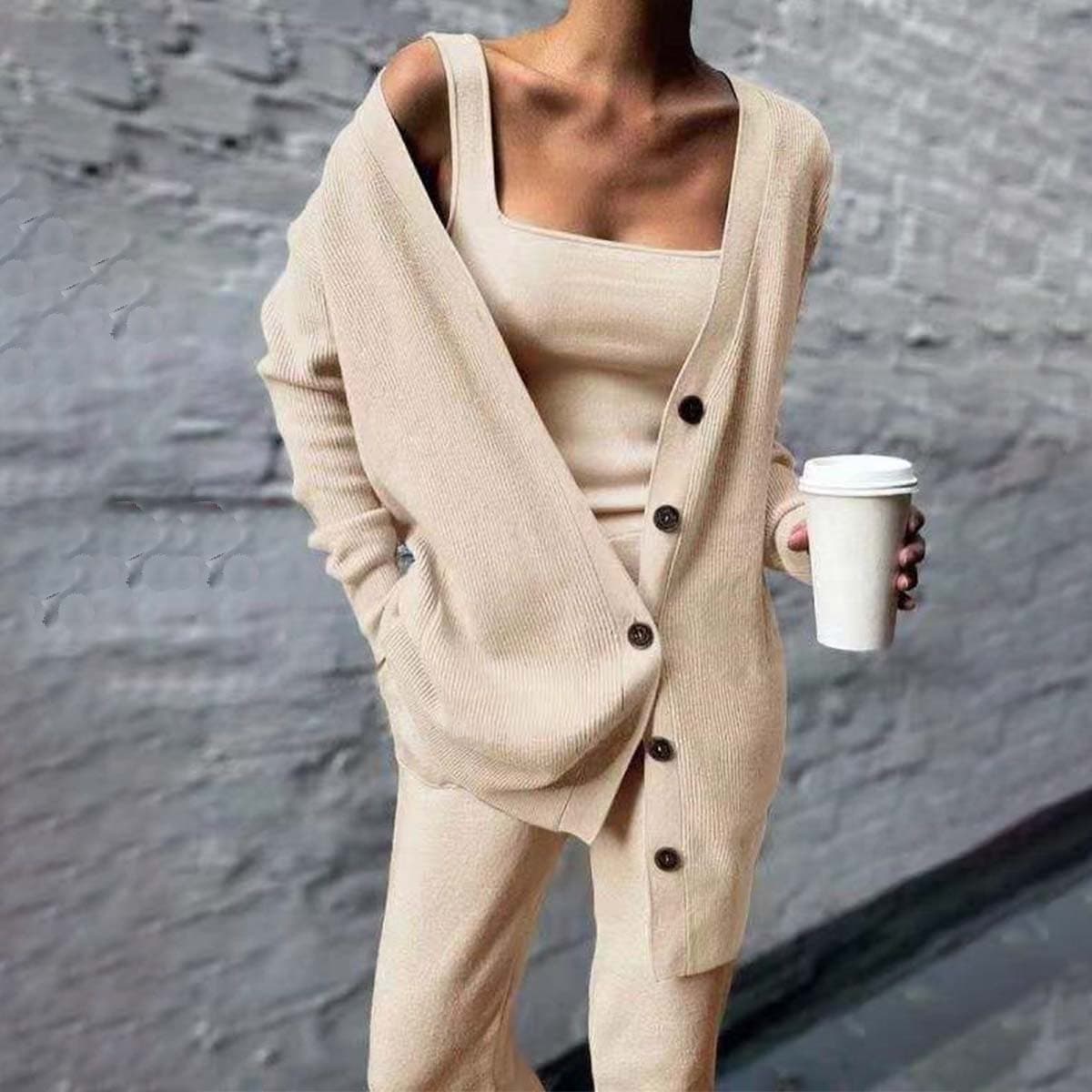 Women's fashion knitted three-piece coat vest pants