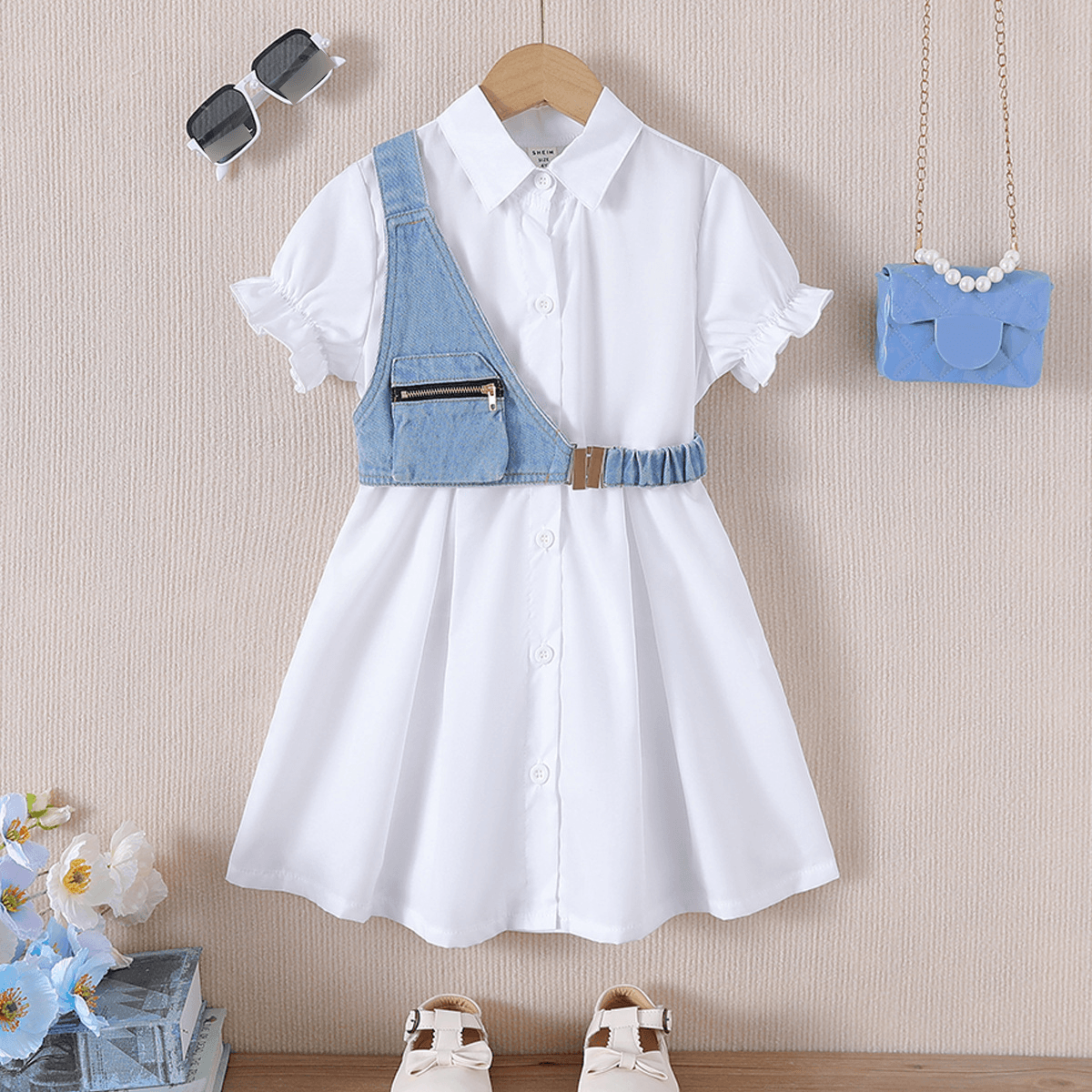 Kid's Clothing Spring And Summer Children's Lapel Shirt Dress Girls Dress Denim Vest Two Piece Set