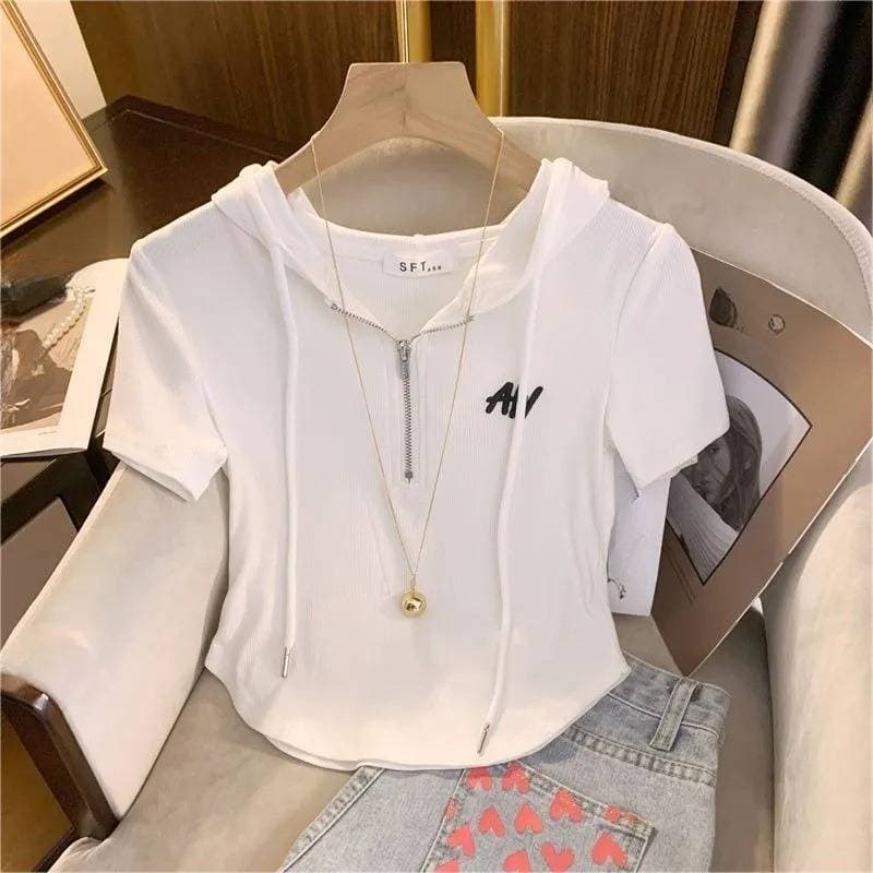 Women's Clothing High End Embroidered Short T Shirt With Hood For Women, Stylish, Niche Design, Slimming, New Summer Short Sleeved Top