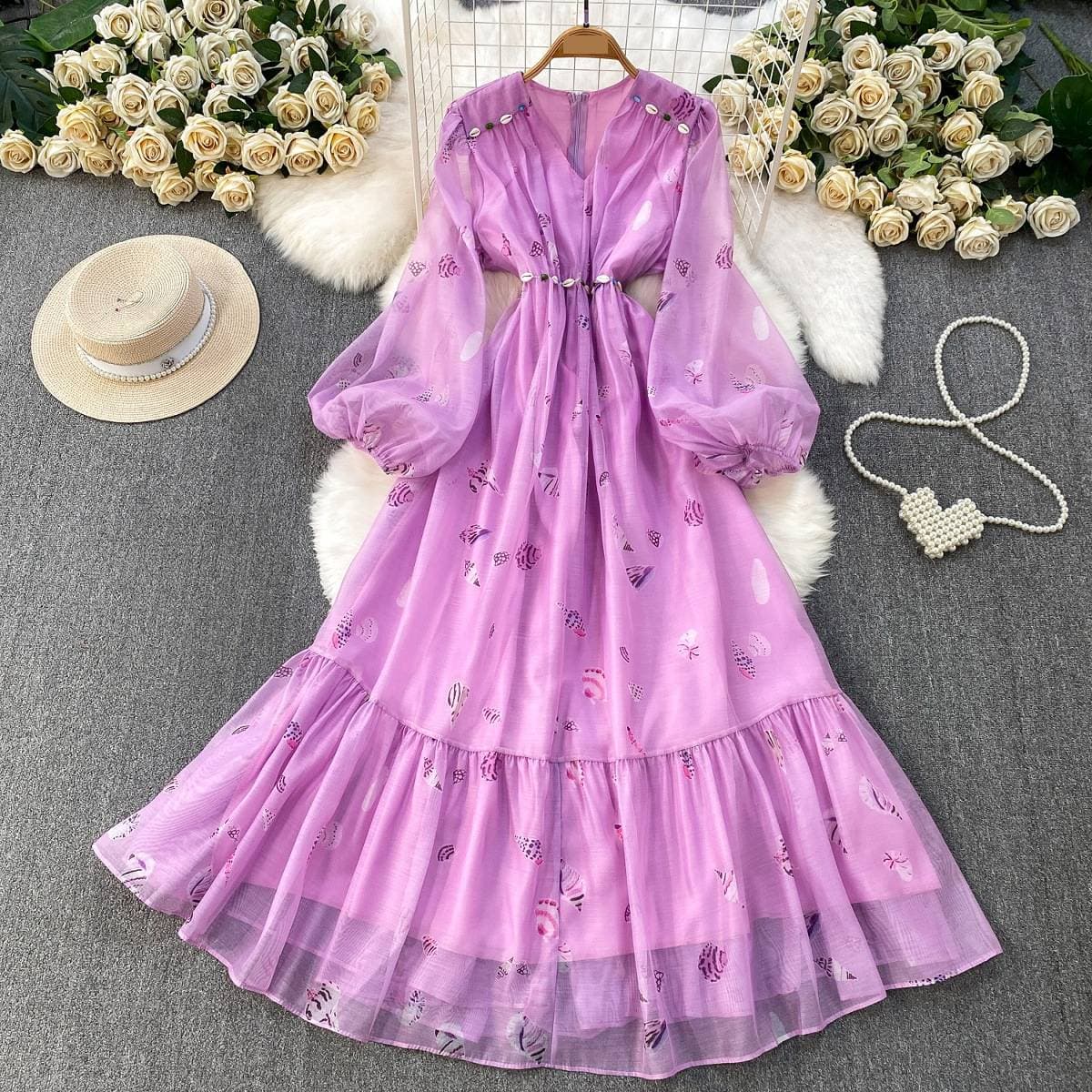 Women's Clothing ​Elegant French-Style V-Neck Floral Print Dress With Bow Tie & Ruffle Hem For Women – Versatile Long Sleeve Dress For Vacation