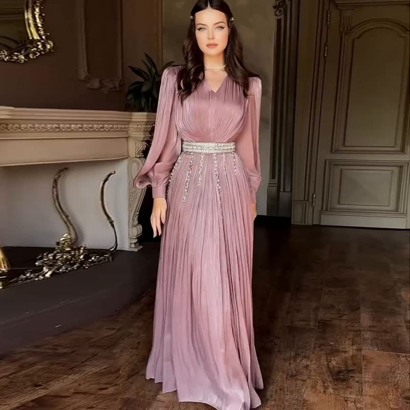 Women's Clothing New Fashion V Neck Pleated Tulle Long Sleeved Swing Dress