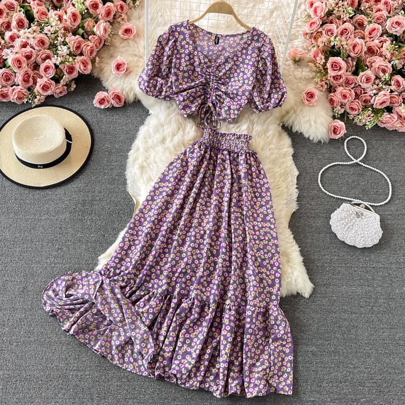 Women's Waist A-line Skirt Floral Fresh Skirt Two-piece Suit High Waist Short Chiffon Shirt Summer
