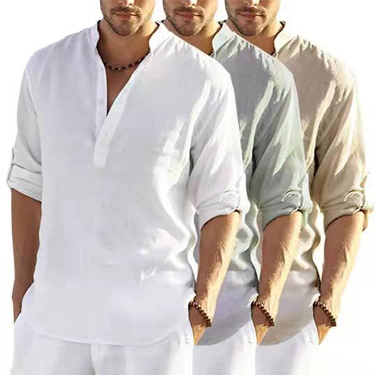 men's Casual Cotton And Linen Solid Color Long-sleeved Shirts Loose Stand-up Collar Shirts