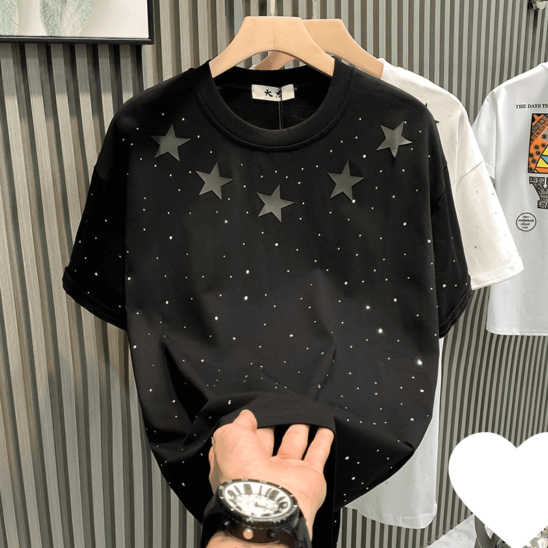 Men's Clothing Internet celebrity hot style niche men's T-shirt short-sleeved pure cotton star hot diamond fashion brand half-sleeved T-shirt local
