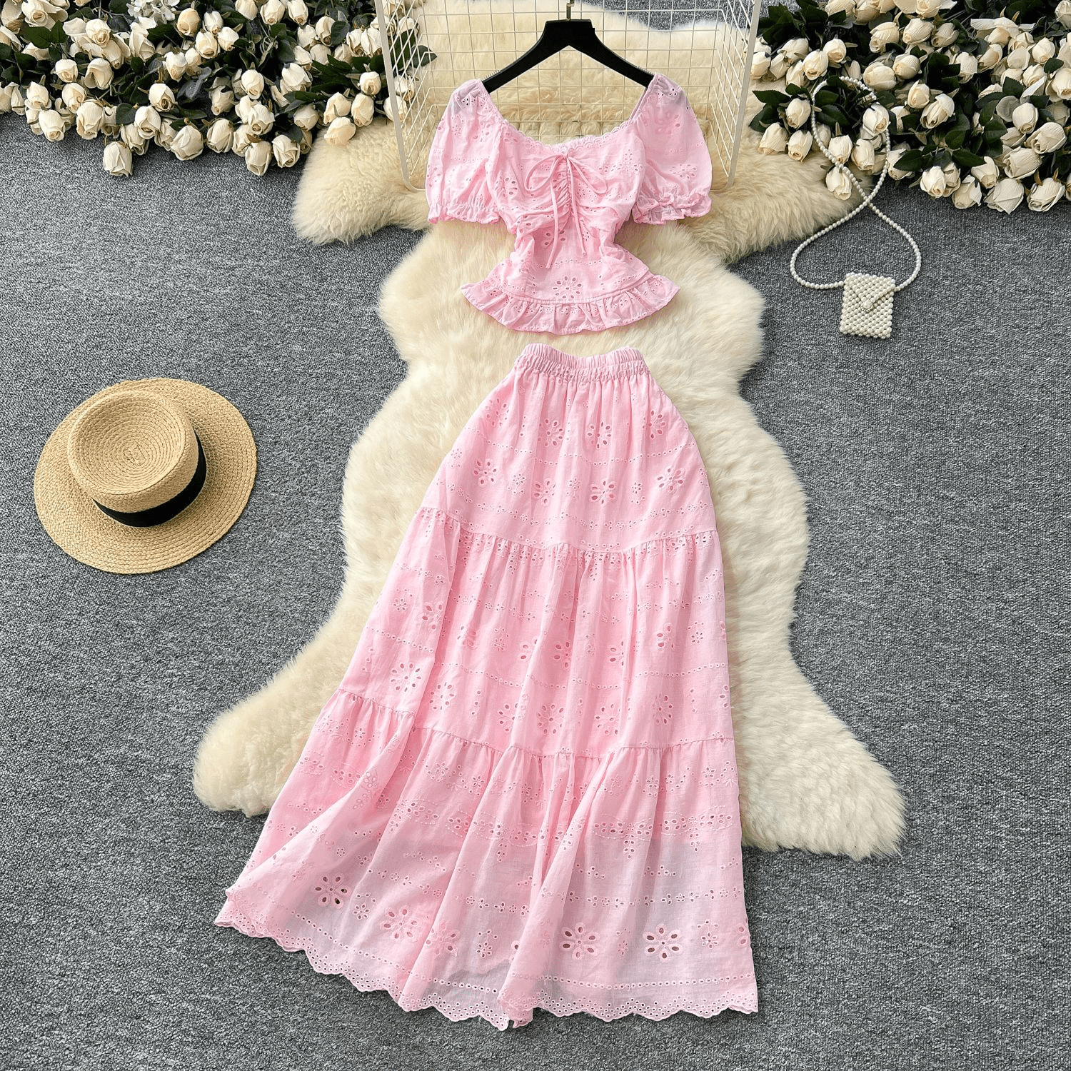 Women's Clothing Style Outfit For Women Waisted Square Neck Puff Sleeve Shirt High Waist Hollow Embroidered Skirt Holiday Style Suit