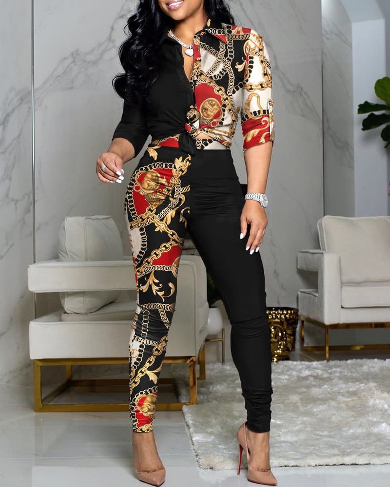 Women's casual suit color matching printed long-sleeved lapel shirt casual pants two-piece set