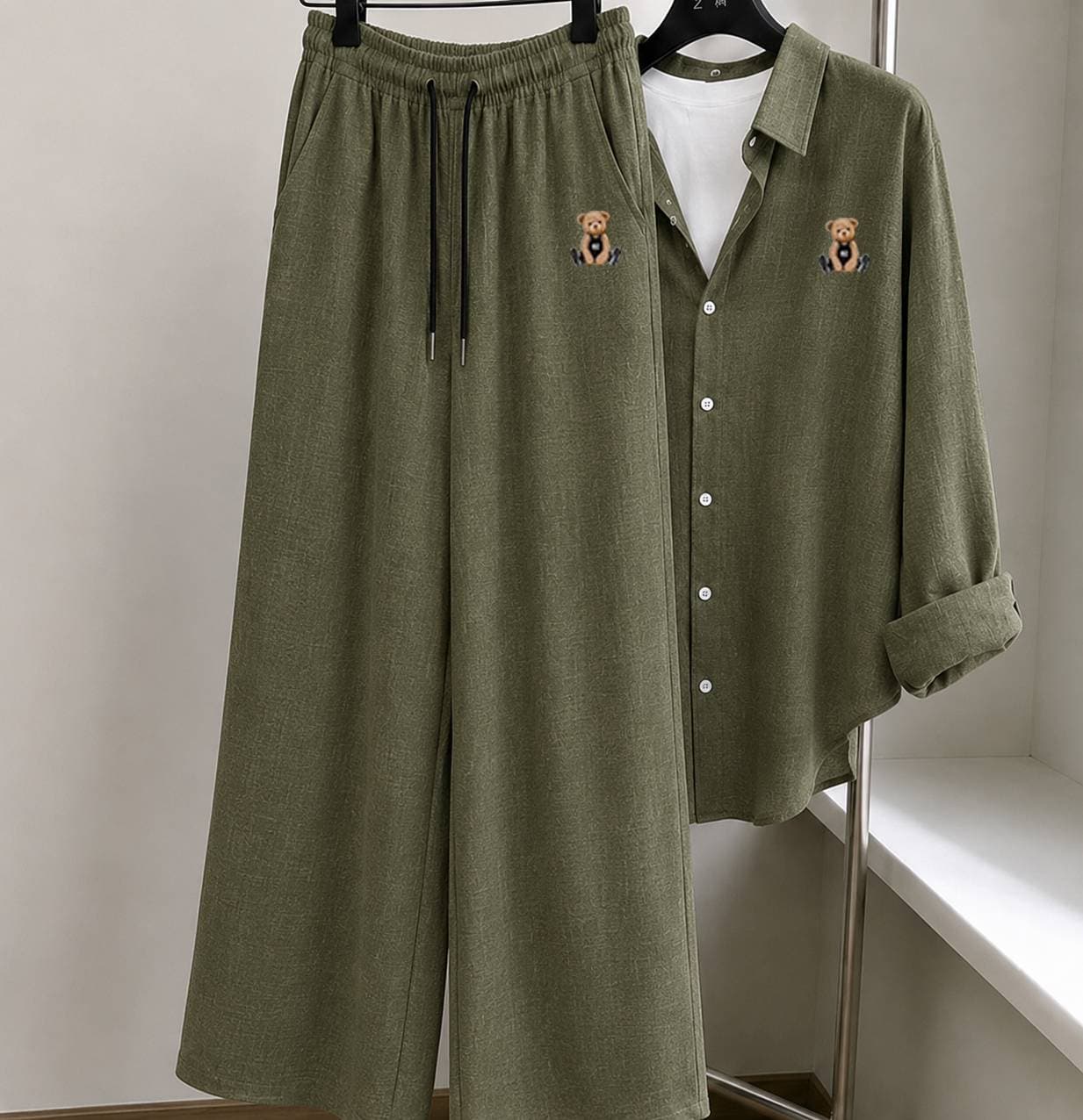 Women's Lightweight Cotton-Linen Two-Piece Set With Bear Pattern And Drawstring Hood Casual Stylish Beachwear For Summer