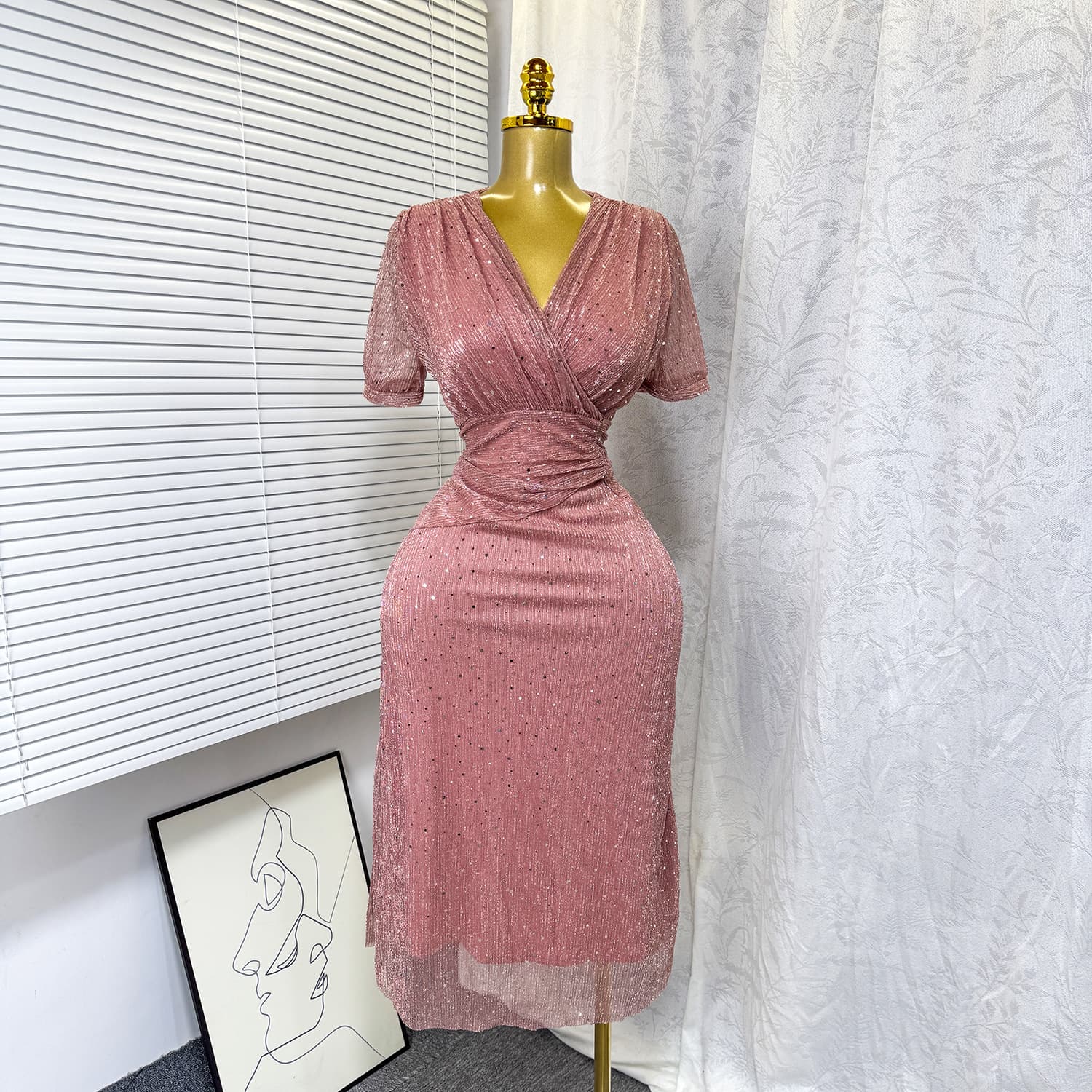 Women's Clothing Elegant V Neck Waist Hot Diamond Shiny Short Sleeve Fashion Dress