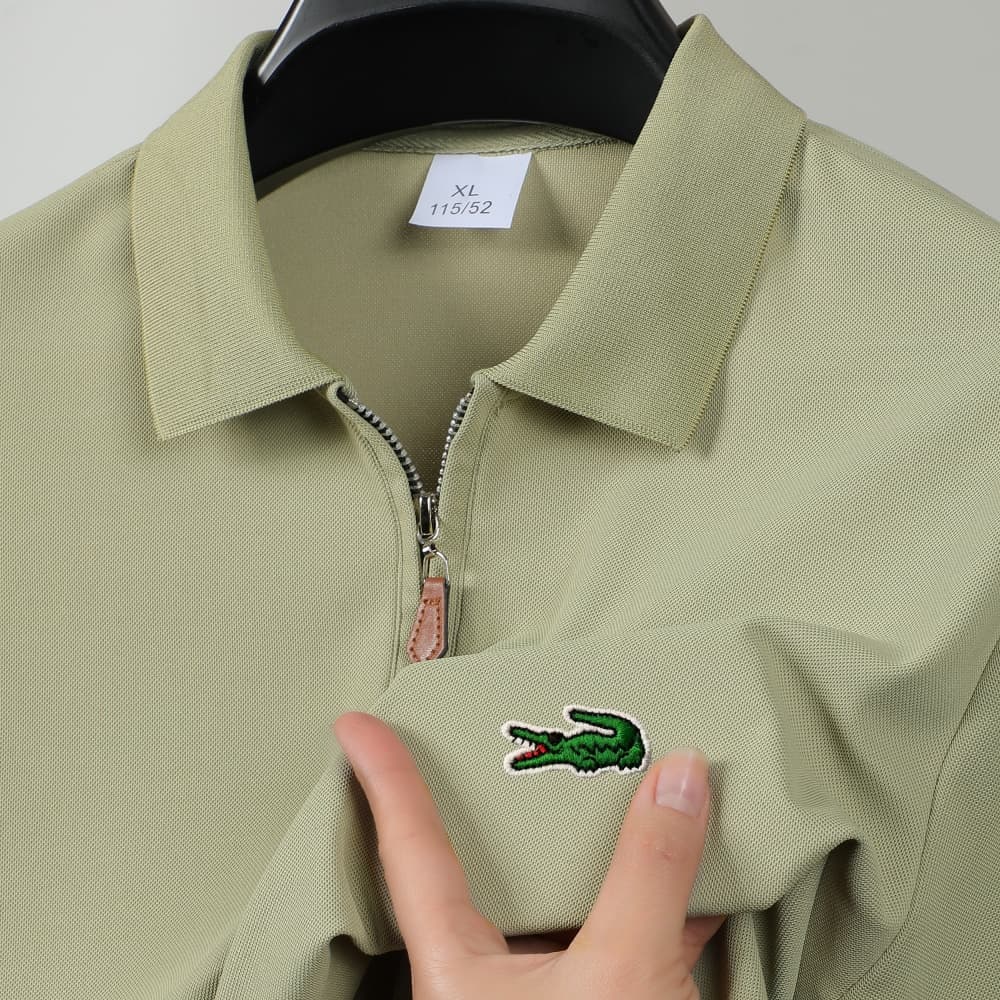 CARTELO Crocodile Men's Half-Zip Collared Polo Shirt - Textured Pique Fabric, Breathable & Comfortable, Leather Tab Puller, Green Croc Logo, Casual Fa