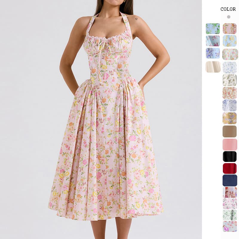 New Summer Slim Suspender Long Skirt European And American Style Fashion Print Halter Neck Lace Dress