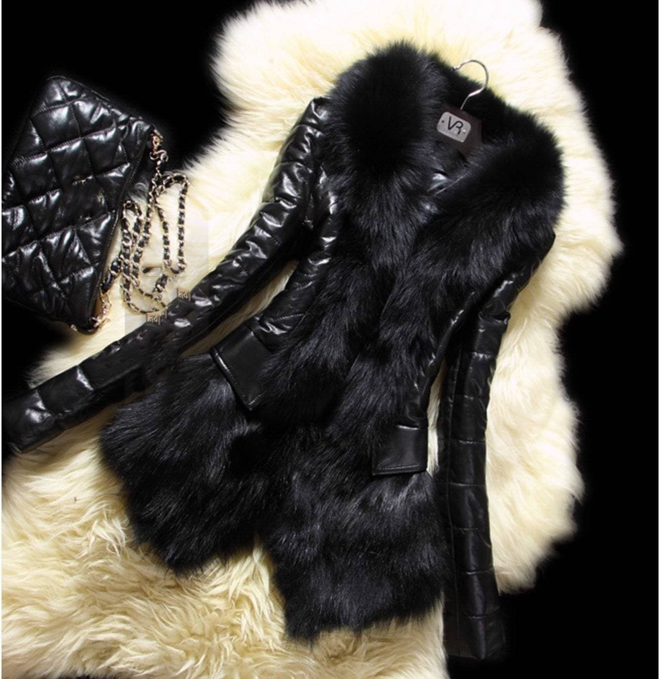 Women's Clothing winter new slim fit fox fur collar fur pu leather slim jacket