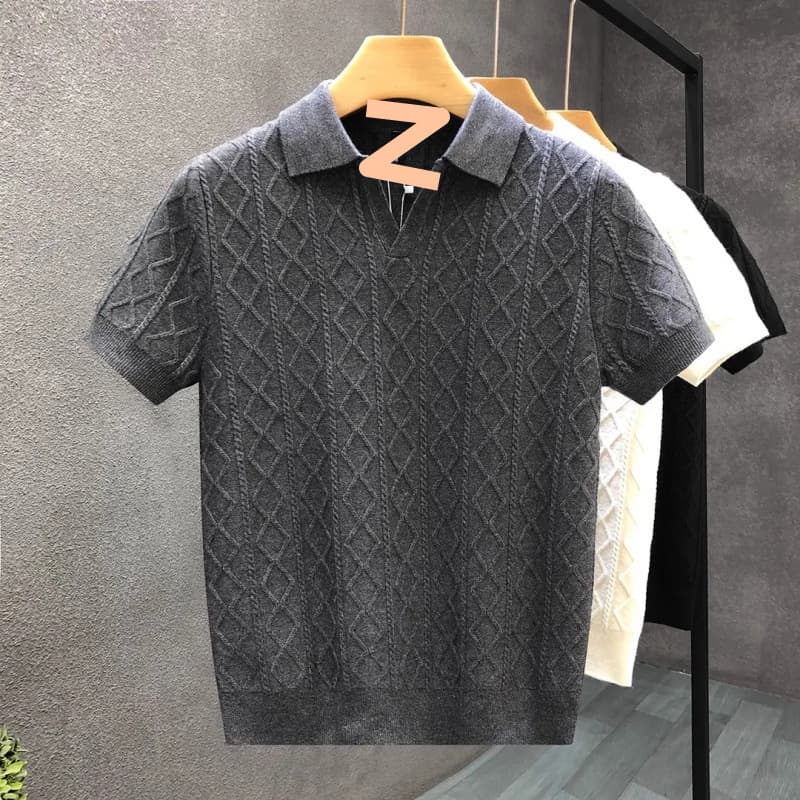 Men's Light Luxury Diamond Jacquard Polo Shirt Short Sleeve Slim Fit Business Casual Lapel Knitted T-Shirt For Summer