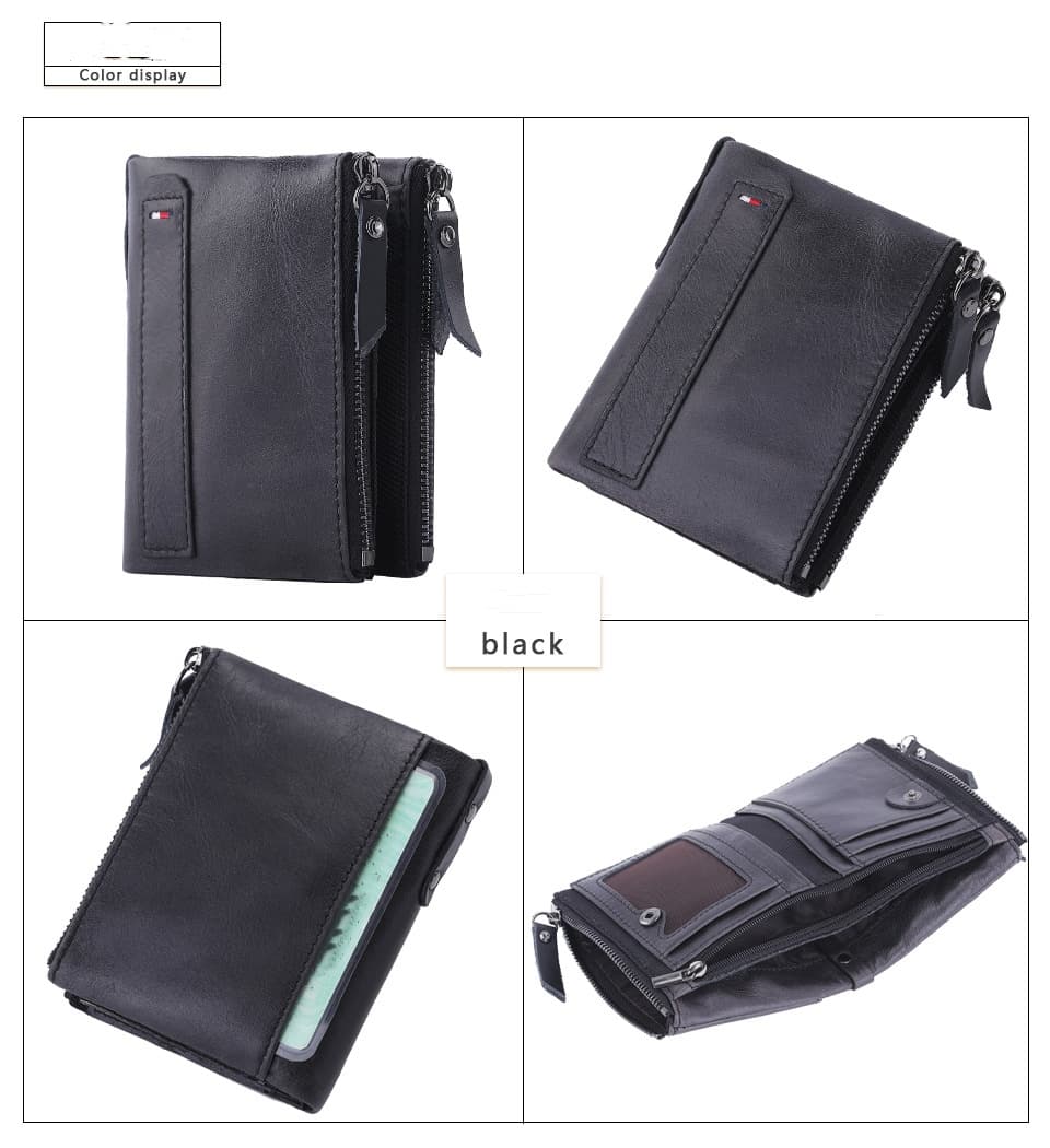 Leather men's wallet Short fashion coin wallet Crazy Horse cowhide double zip money clip