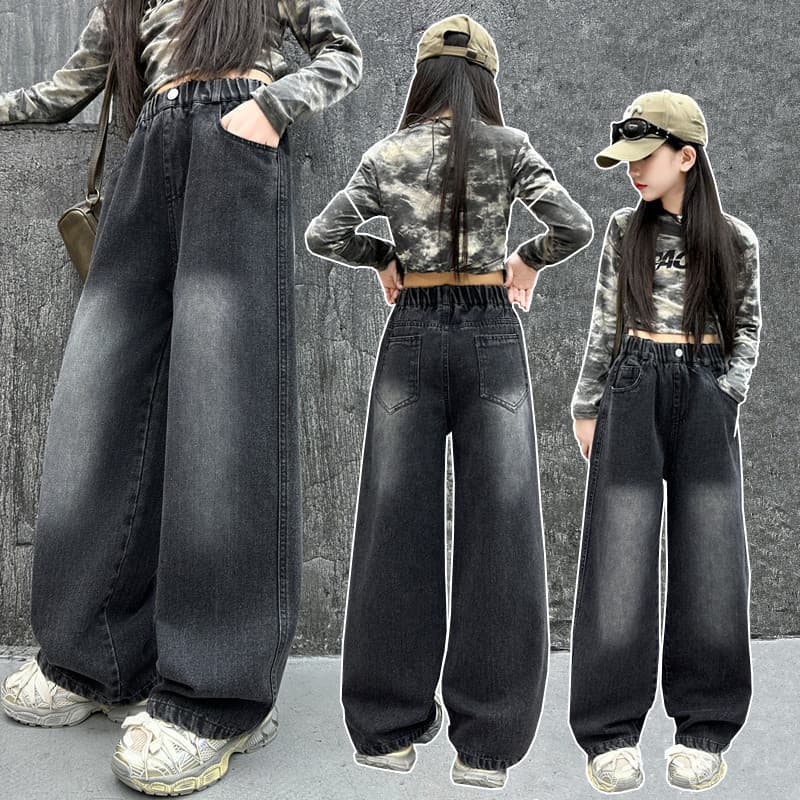 Children's Pants Girls Jeans Children's Fashionable Pants Middle And Large Children Girls All Match Straight Pants Trendy Foreign Trade