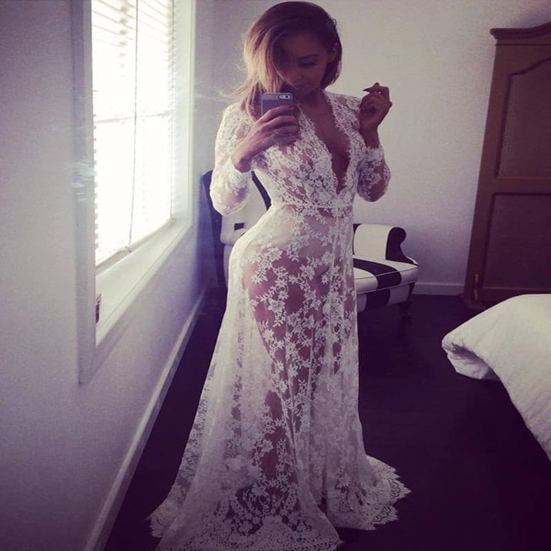 Women's Clothing White Deep V Neck Long Sleeved Dress Perspective Sexy Lace Wedding Dress Dress Tail Long Skirt
