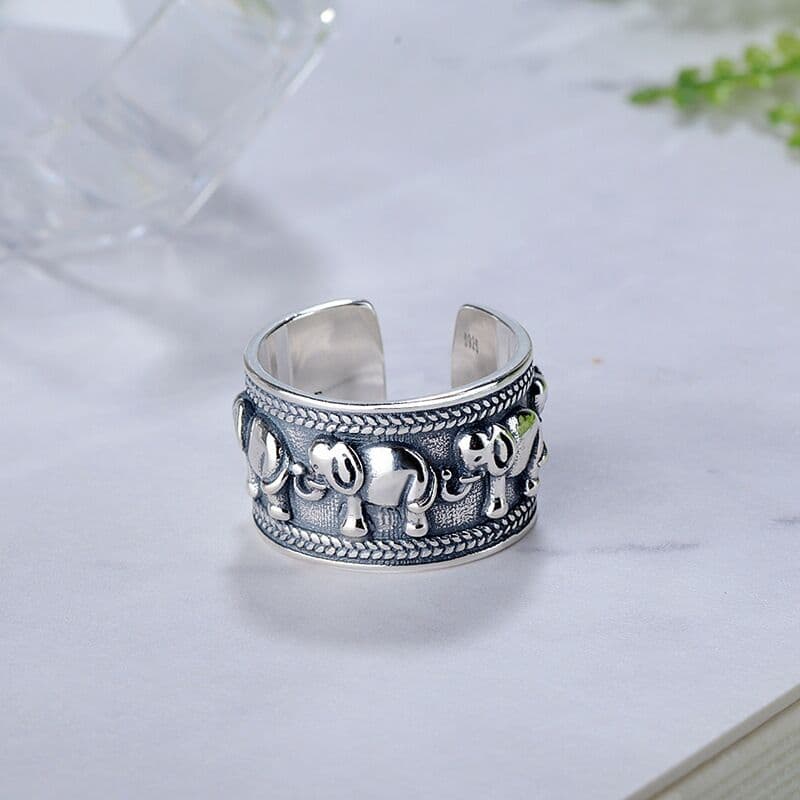 Korean And Japanese Ethnic Style Wide Thai Silver Vintage Elephant Group Women's Open Ring