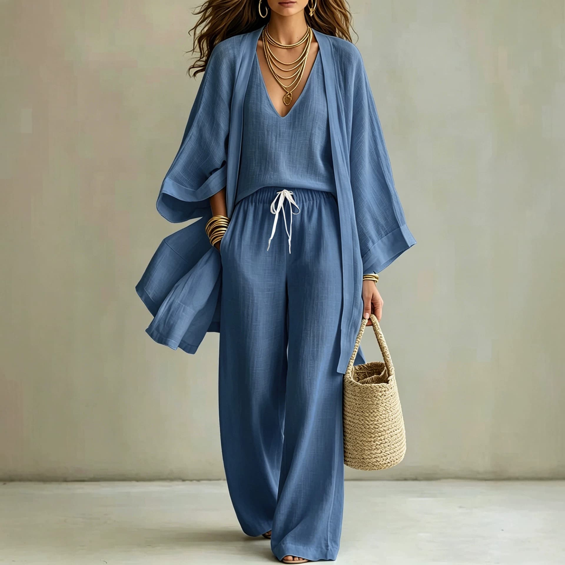 Women's Summer Casual Three Piece Set American Style Loose Cotton Linen Mid Length Vest Cardigan Sleeveless Top