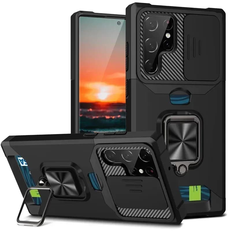 Coque antichoc Armor pour Samsung Galaxy S25 Ultra Plus S24FE A16 A06 A55, support d'anneau coulissant, objectif d'appareil photo, fente pour carte,
