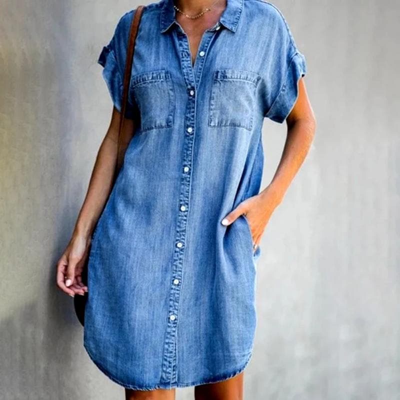 Women's Clothing Lapel Short Sleeve Slim Dress Denim Shirt Dress