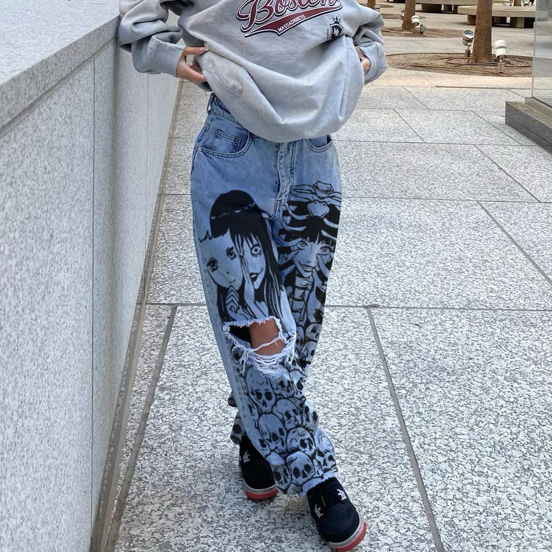hot-selling high waist mopping hole jeans ladies trousers