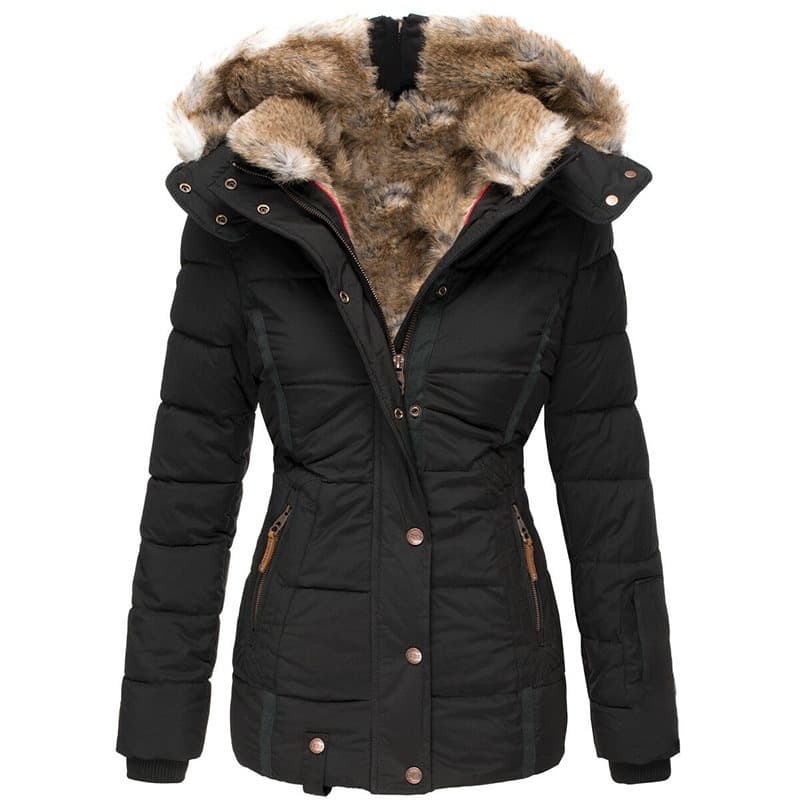 ​​Women's Winter Warm Faux Fur Trim Hooded Coat With Zip-Up Long Sleeve Slim Fit Padded Jacket – W128 (Pink, Red, Black, Blue, Army Green, Beige)​​