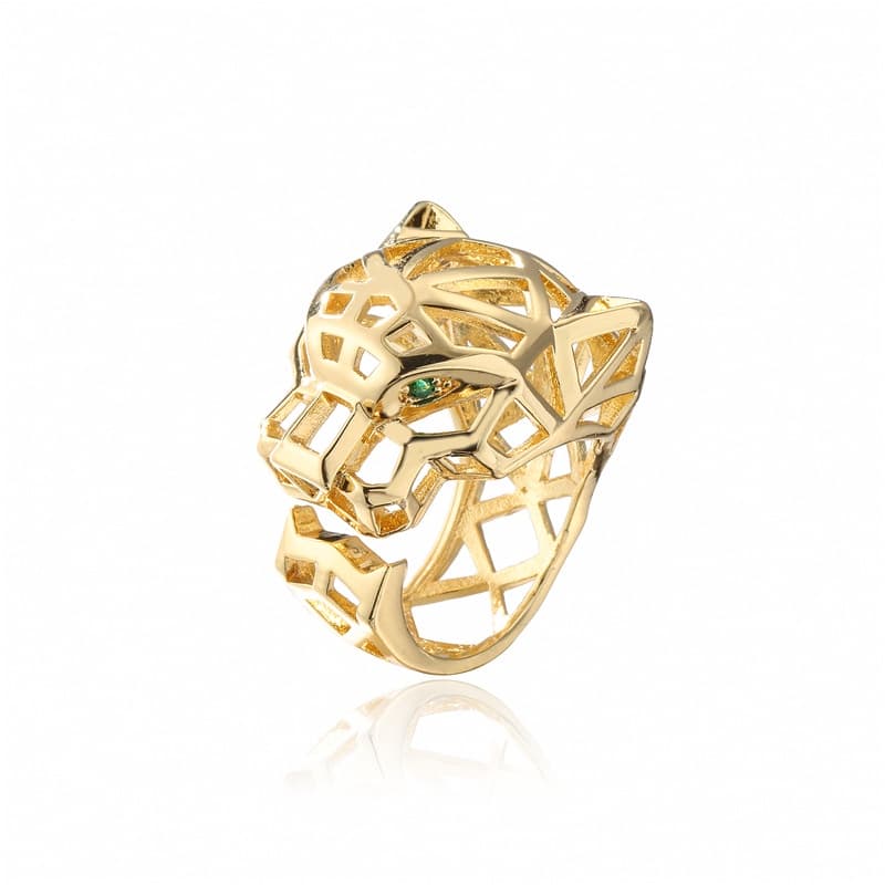 Fashion Punk Hollow Leopard Ring Size Adjustable Gold Plated Copper Inlaid Zircon Ring