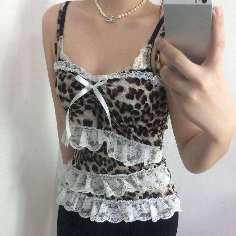 Women's Clothing Hot Girl Leopard Print Camisole Summer Retro Sexy Slim Bow Top