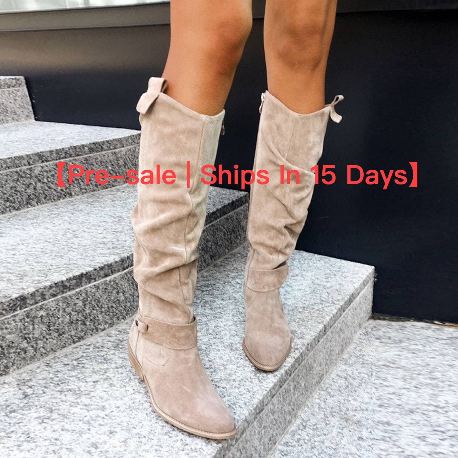 【Pre-sale | Ships In 15 Days】women's Plus-size Knee-high Fashion Boots With Round Head Metal Buckle Side Zipper Low Heel Knee-high