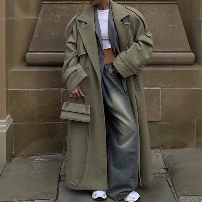 Women's Clothing Temperament Lapel Waist Elegant Lapel Belted Long Wool Coat – Light Green, Slim Fit Trench Style With Single Button Closure