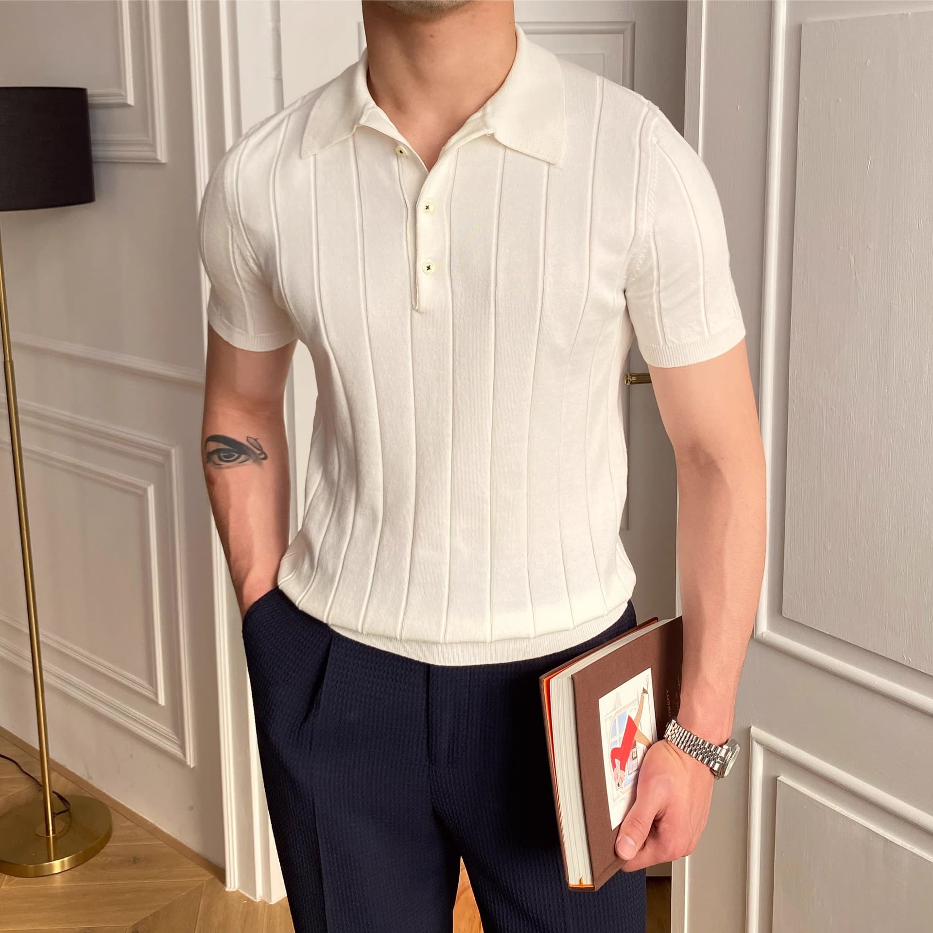Men's Clothing Summer light luxury striped lapel slim polo shirt men's short sleeved business casual handsome summer knitted T shirt men