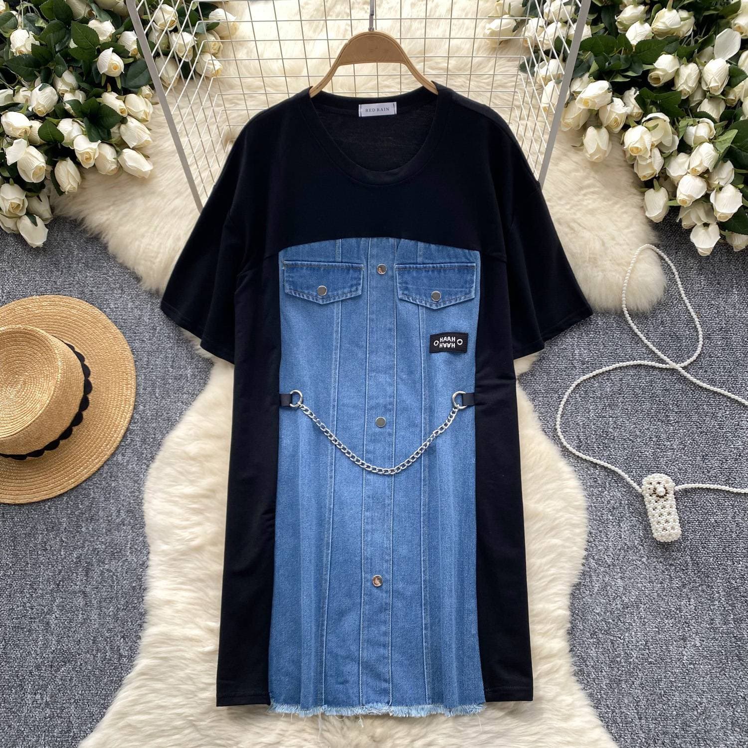 Women's Clothing Two Piece T Shirt Dress Round Neck Short Sleeves Slim Denim Casual Skirt