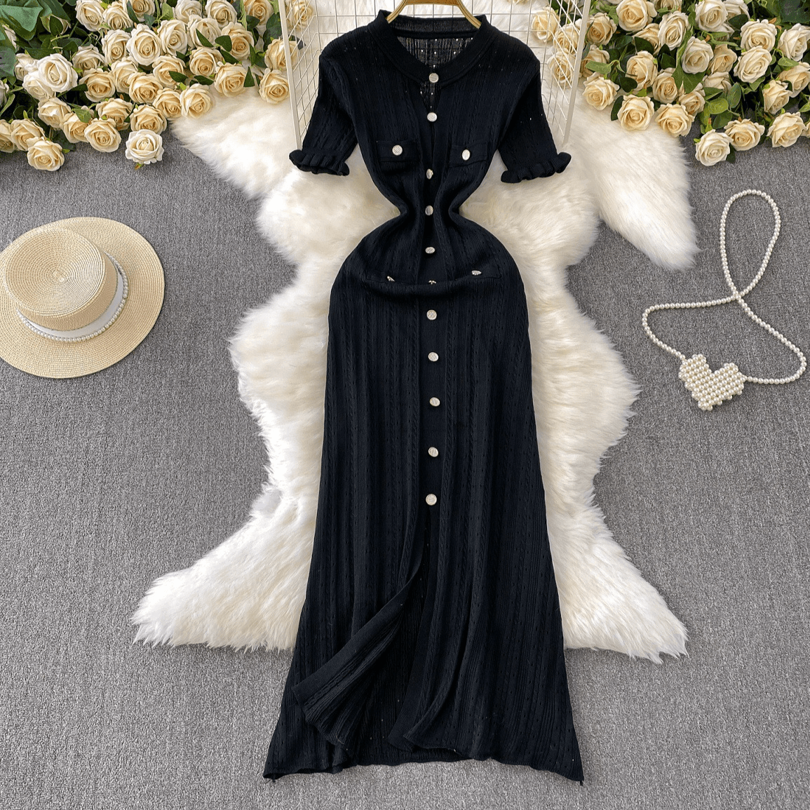 Women's Clothing High Grade Round Neck Petal Sleeve Hollow Knitted Dress For Women In Summer Single Breasted Waist Slim Long Skirt