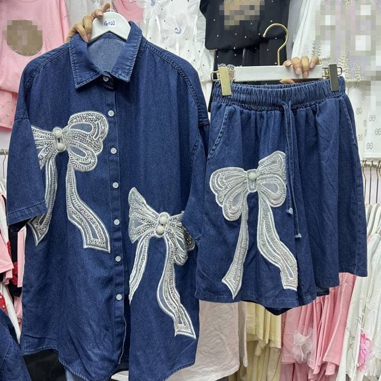 Women's Clothing Heavy Industry Diamond Bow Denim Shirt Top Elastic Waist Denim Shorts Two Piece Set