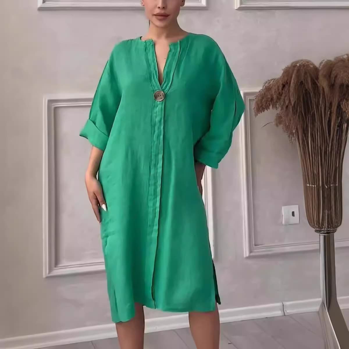 Women's New Cotton and Linen Pure Color Casual Round Neck Button Long Dress