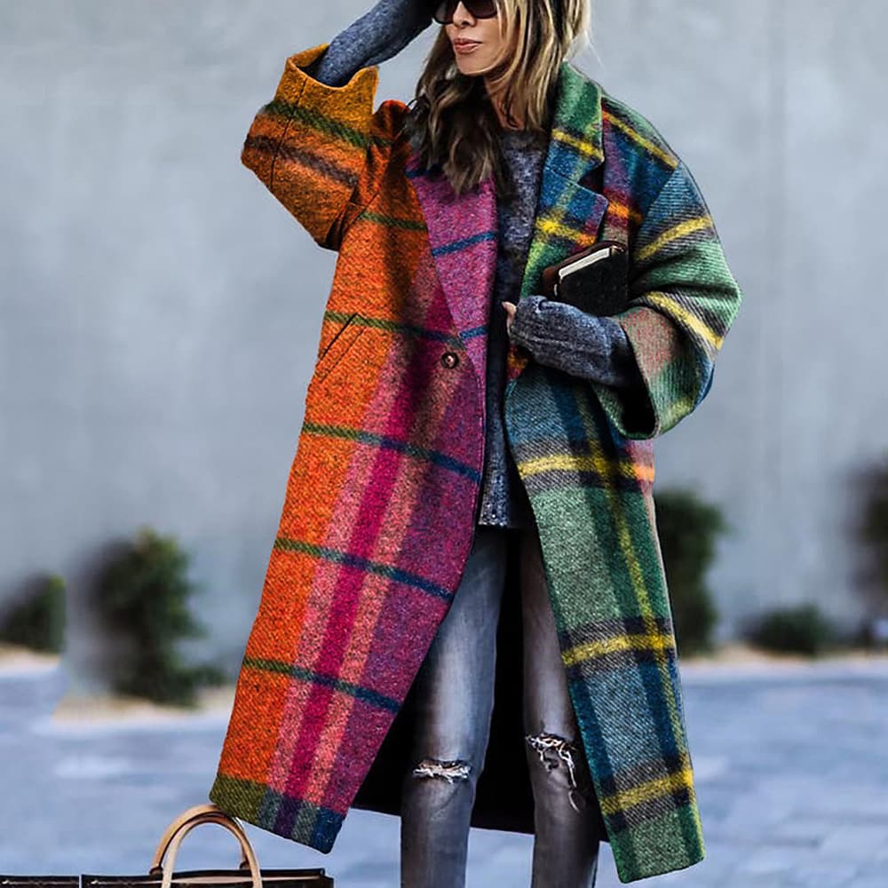 Women's clothing long-sleeved lapel jacket printed woolen long coat