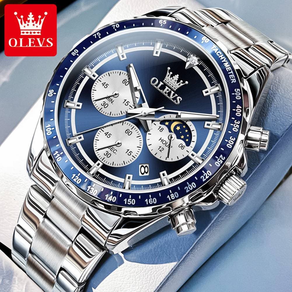 Quartz Watch for Men Classic Multifunction Luminous Pointer Waterproof Moon Phase Date Clock Wristwatches Steel Strap
