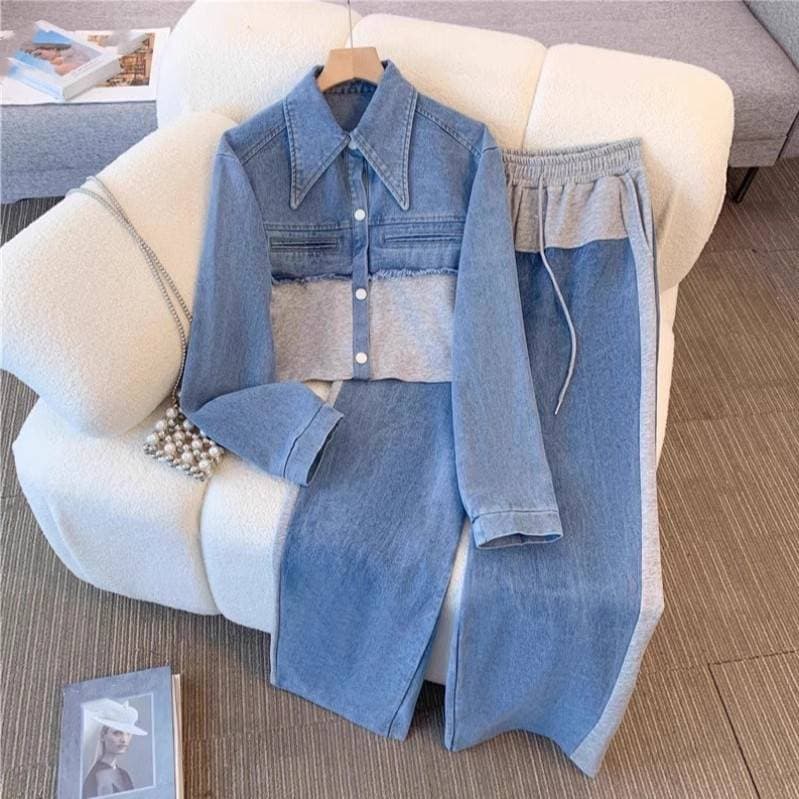 Women's Clothing Stylish And Slim, Denim Splicing, Contrasting Colors, Casual Straight Pants, Popular Two Piece Suits