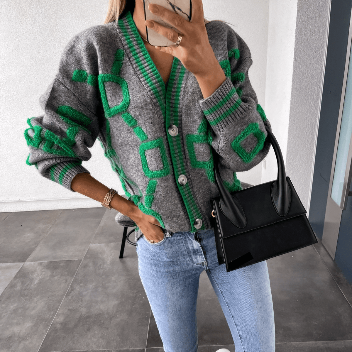 Women's V-Neck Cardigan Sweater With Jacquard Pattern, Soft Lambswool Blend, Loose Fit, Long Sleeve, Casual & Elegant Style For Autumn