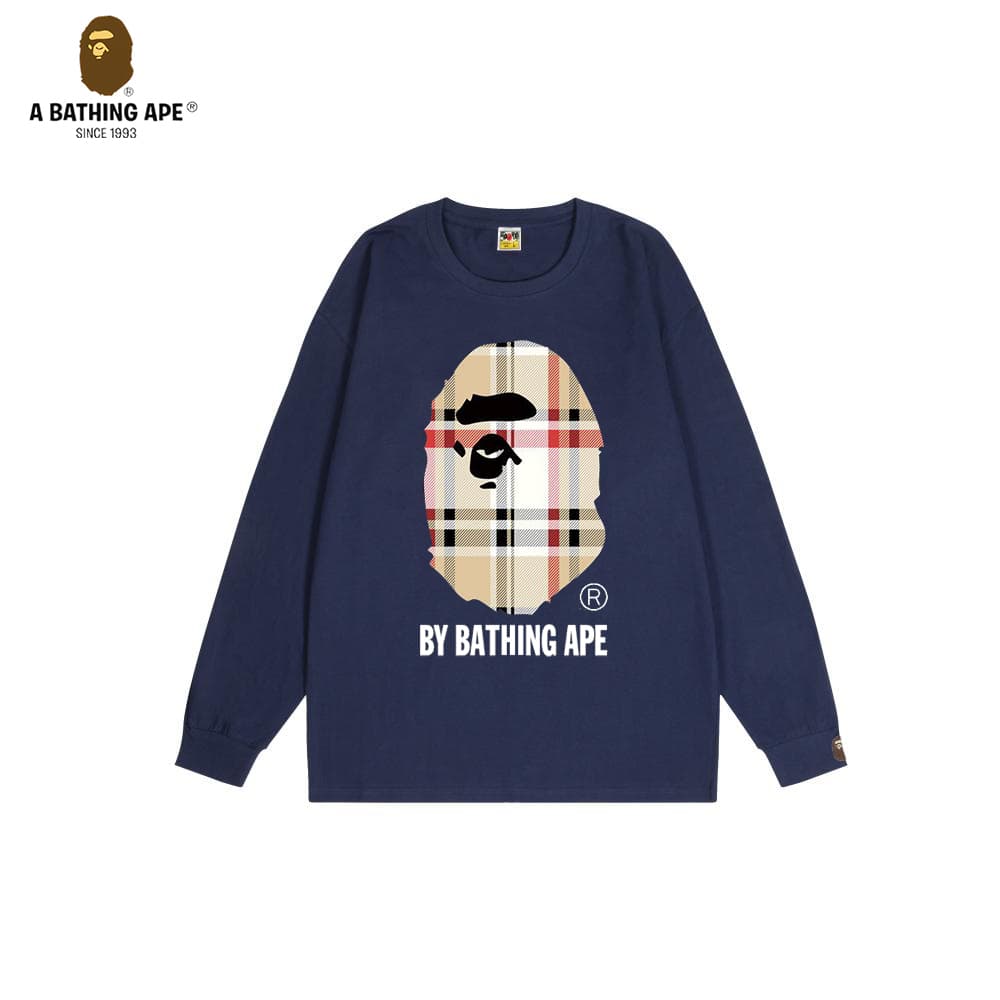 A Bathing APE BAPE-Pure Cotton Round-neck Long-sleeved Sweatshirt With A Printed Logo Featuring A Grid Striped Ape Head Pattern