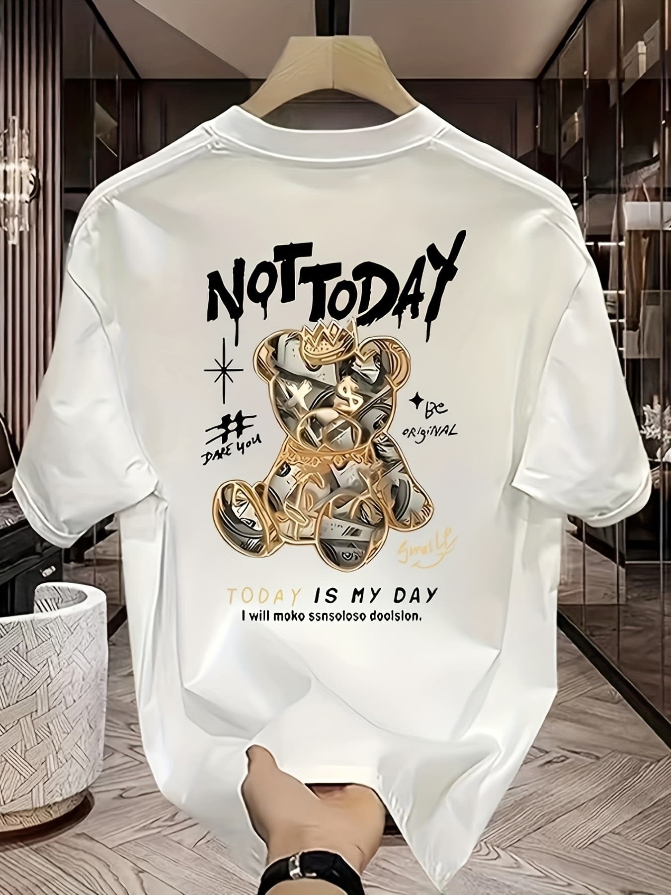 100% Pure Cotton Men's Spring And Summer Fashion Cartoon Bear Print Casual Slim Fit Versatile Short Sleeved T-shirt Top