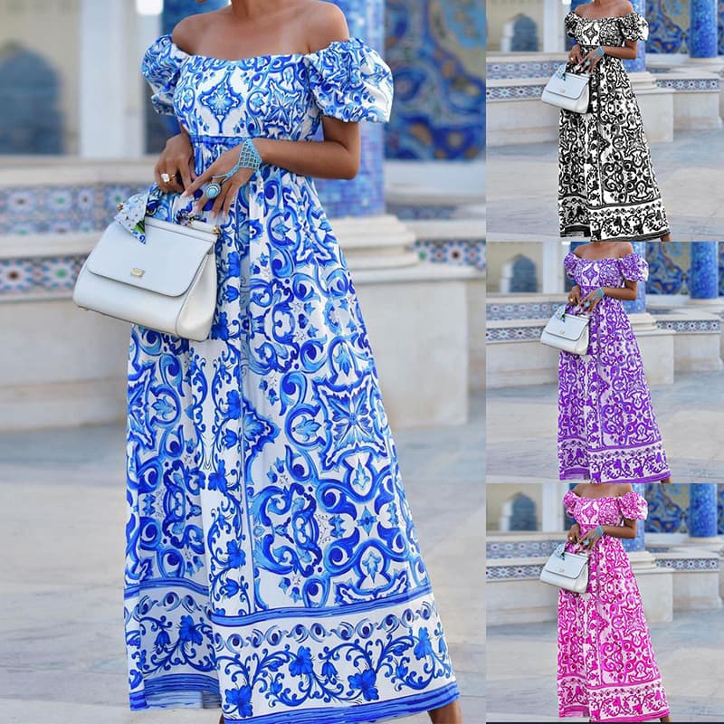 women's fashionable one-line collar bohemian print dress