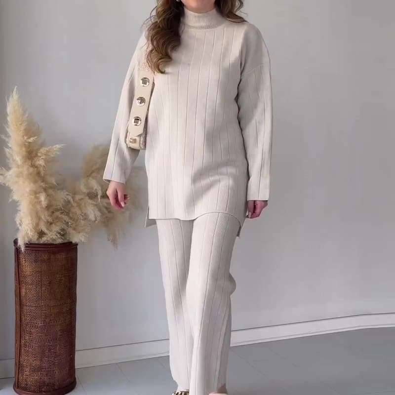 Women's Clothing fashion solid color round neck mid-length casual loose sweater suit