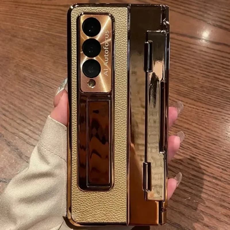 Plating Gloss Leathe Phone Case Fo Samsung Galaxy Z Fold 7 6 5 4 3 Hinge Desktop Kickstand Anti-Dop Potect Back