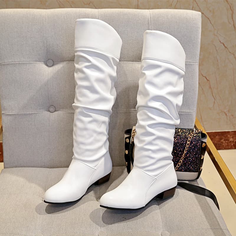 Large Shoes 2024 Autumn/Winter New Mid Heel Women's Knight Solid Color Pleated High Barrel Leather Boots