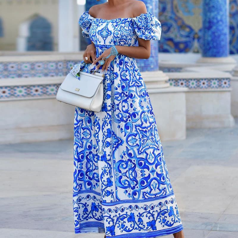 Women's Fashionable One-line Collar Bohemian Print Dress