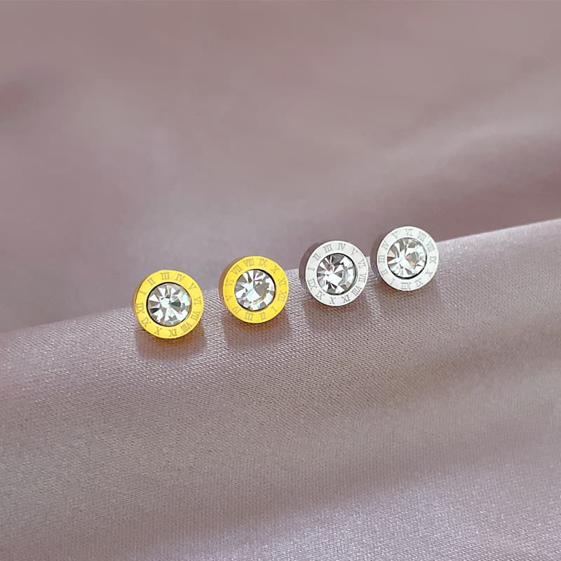 A Pair Gold Plated Ear Studs Stainless Steel Zircon Roman Numerals Stud Earrings Fashion Jewelry Accessories for Women Girl