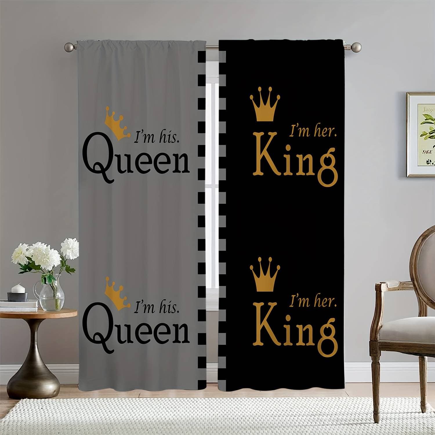 2pcs Stylish Gray And Black Printed Window Curtains For Home Decor - Perfect For Bedroom, Office, Kitchen, Living Room, And Study